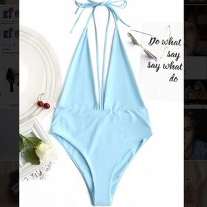 Zaful Azure Plunging Neck Open Back One Piece